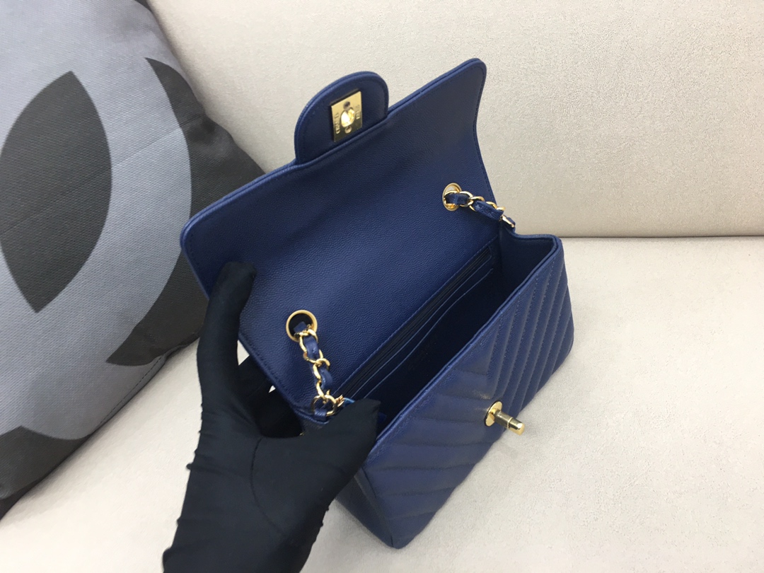 Small Classic Flap Caviar Bag A01116 Dark Blue/Gold